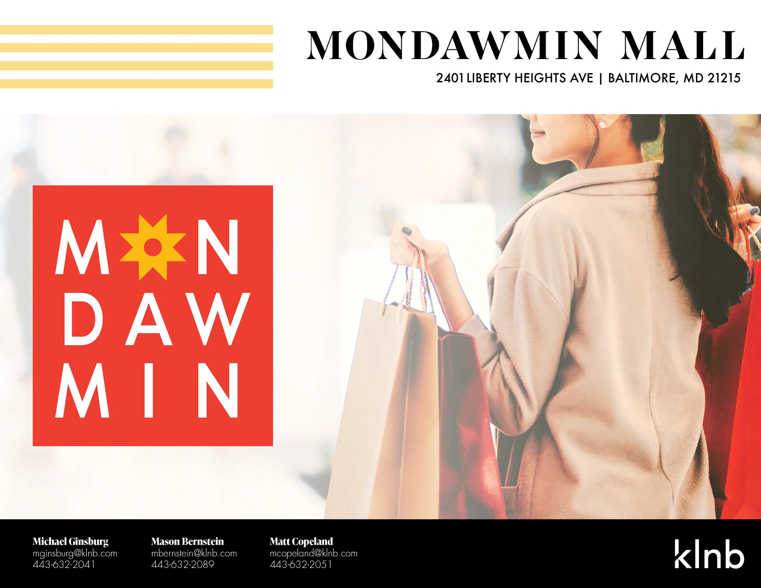 Brochure cover for Mondawmin Mall in Baltimore, Maryland, featuring a woman holding shopping bags and smiling, with a red graphic displaying the text "MEN DAW M MIN" and contact information for Michael Ginsburg, Mason Bernstein, and Matt Copeland at 