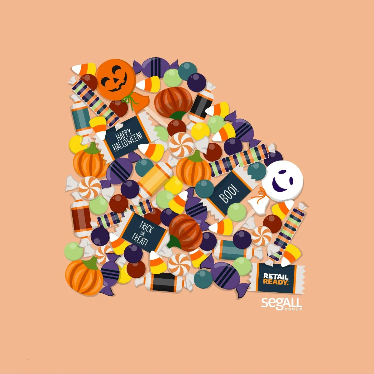 A digital illustration of a Halloween-themed candy arrangement with pumpkins, candies, lollipops, and Halloween greeting signs, including a happy ghost with a face, on a peach background with the Segall Group logo.