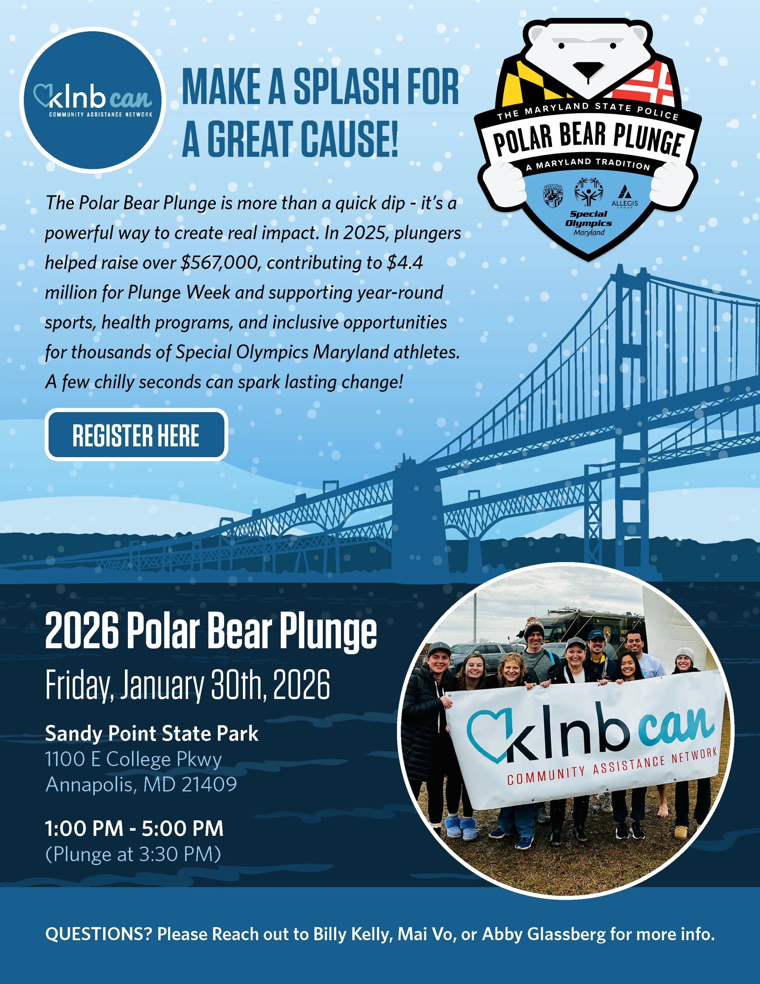 Flyer for 2026 Polar Bear Plunge event on January 30th, 2026 at Sandy Point State Park in Annapolis, Maryland. Includes a community group photo, event details, location, time, and a message encouraging donations for a good cause.