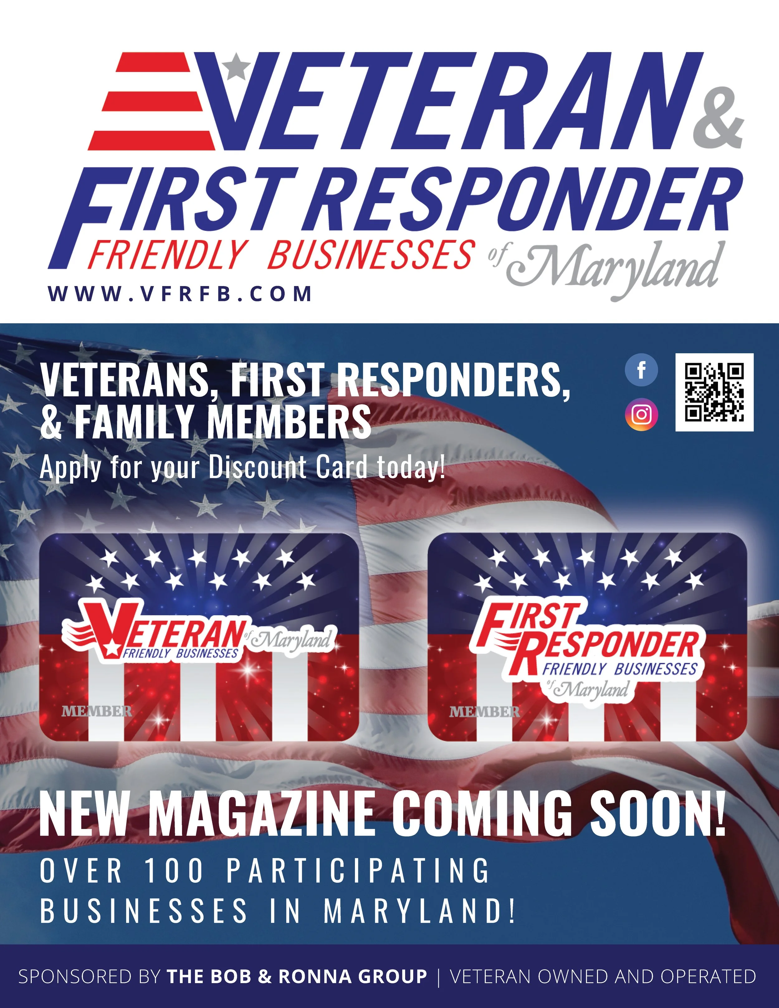 Advertisement for a new magazine focused on veteran and first responder friendly businesses in Maryland, featuring patriotic imagery with American flags, logos of veteran and first responder organizations, and social media icons.