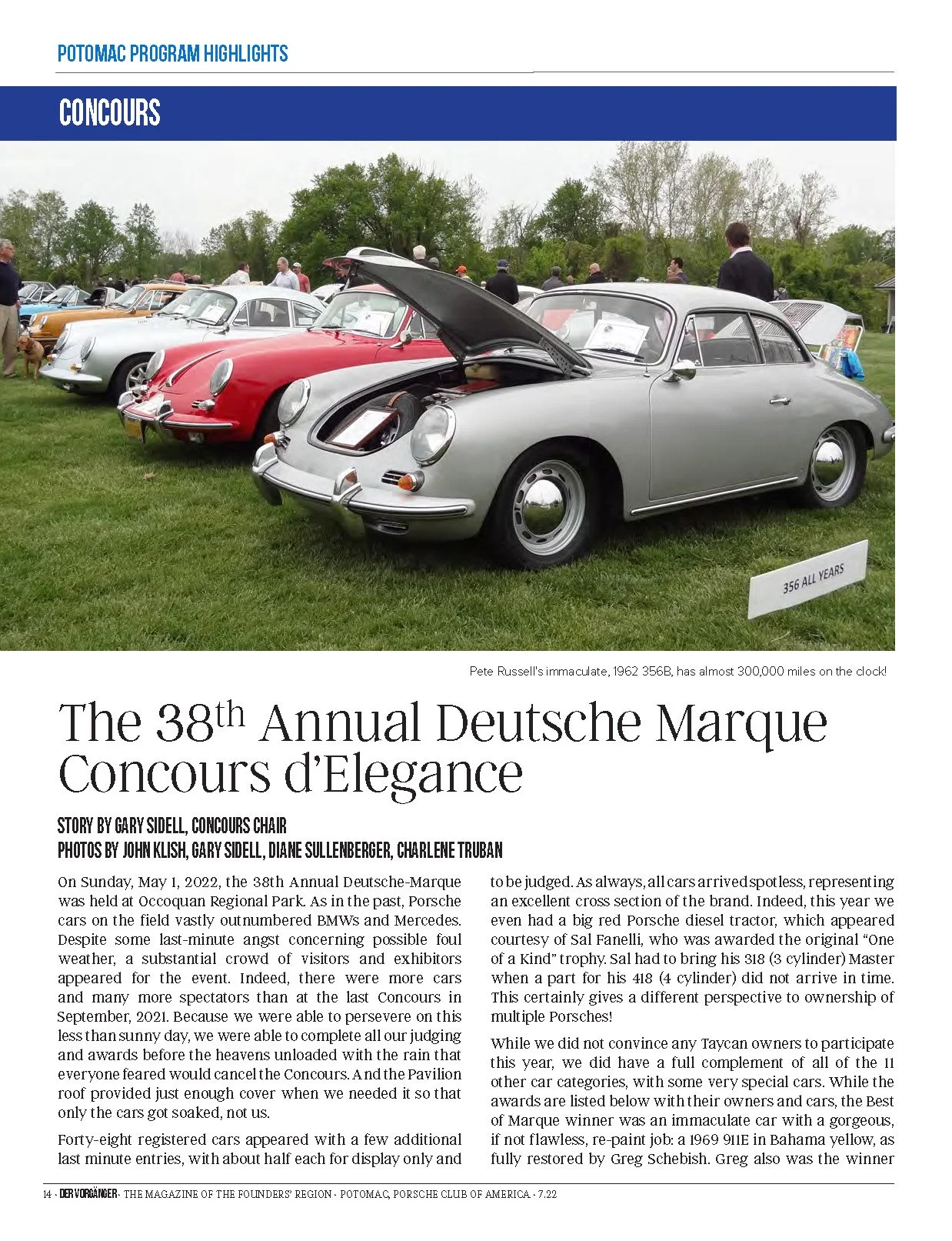 A lineup of vintage Porsche cars on display at a car show, with a focus on a silver Porsche 356 with its hood open, revealing its engine. Several people and other classic cars are visible in the background.