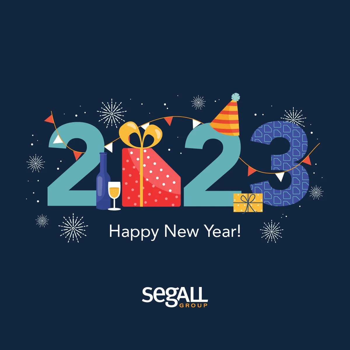 Celebratory New Year 2023 greeting card with large numbers '2023' decorated with party hat, gifts, champagne, and fireworks, with 'Happy New Year!' text and the Segall Group logo.