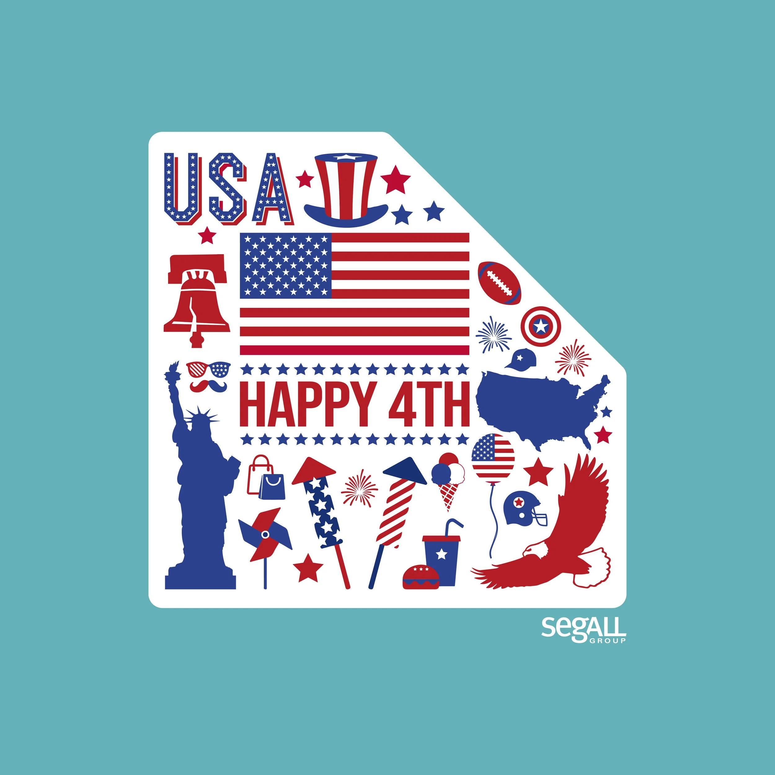 A collage of patriotic symbols and icons related to the United States and the Fourth of July, including the American flag, Uncle Sam hat, fireworks, and other celebratory illustrations, with the text 'HAPPY 4TH' at the bottom.