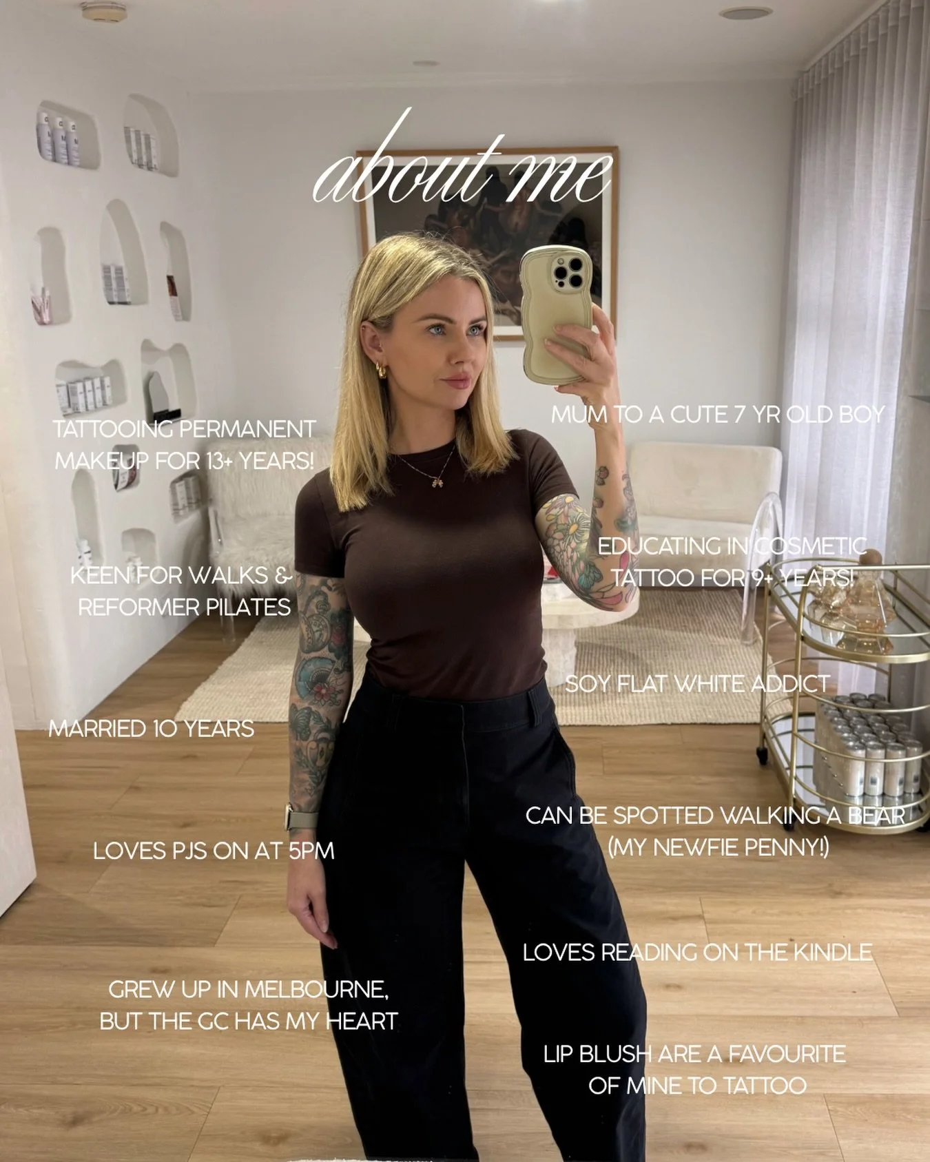 Oh hey! 🤗 

A little about me!

I&rsquo;ve been in the PMU industry for over 13 years, tattooing full-time &amp; educating students along the way! I began my cosmetic tattoo career in Brisbane, where we lived for a few years after moving to QLD from