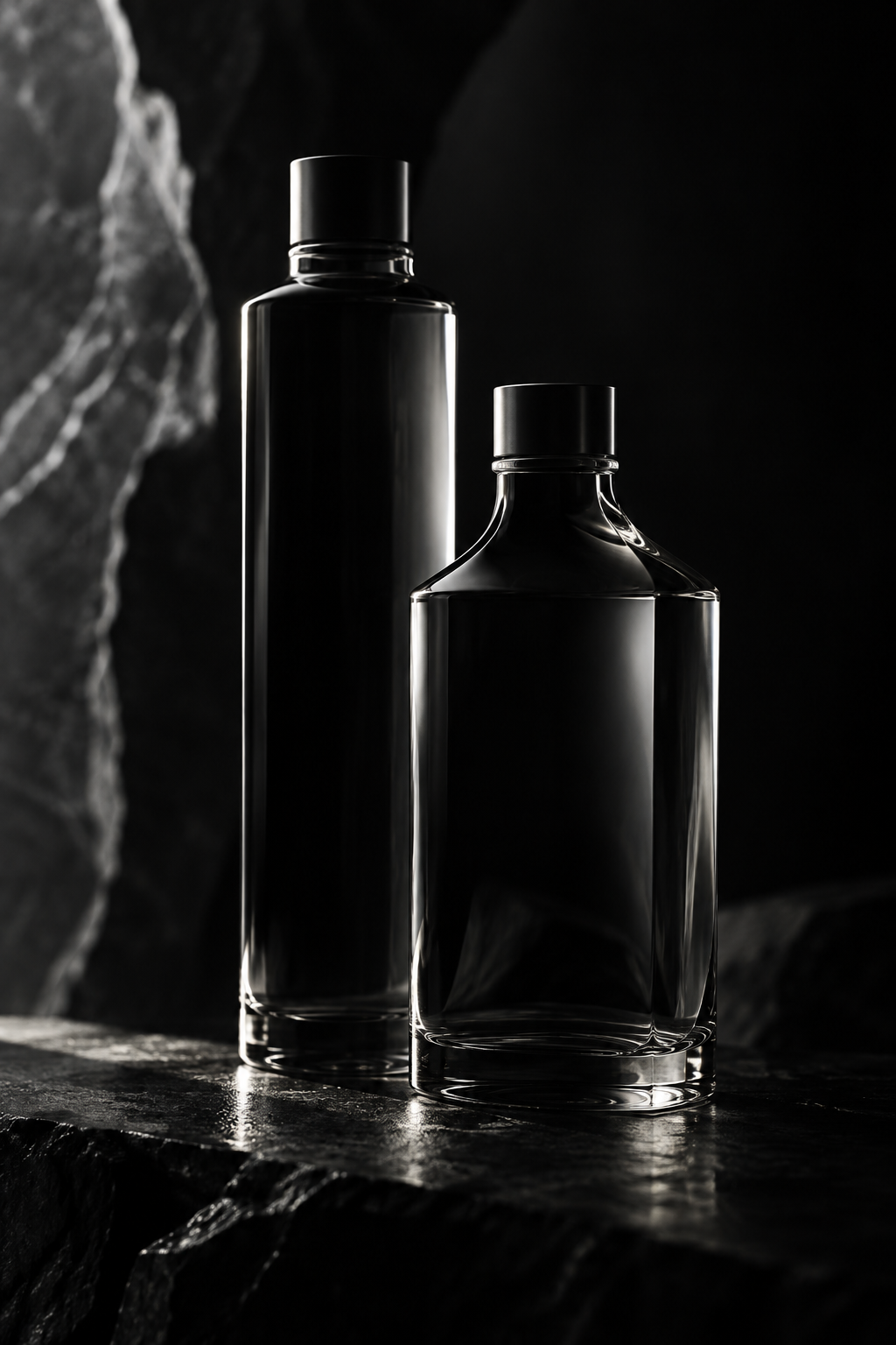 Two tall, clear glass bottles with black caps, one slightly taller, placed on a dark, textured surface with a dark background and dramatic lighting highlighting their shapes and reflections.