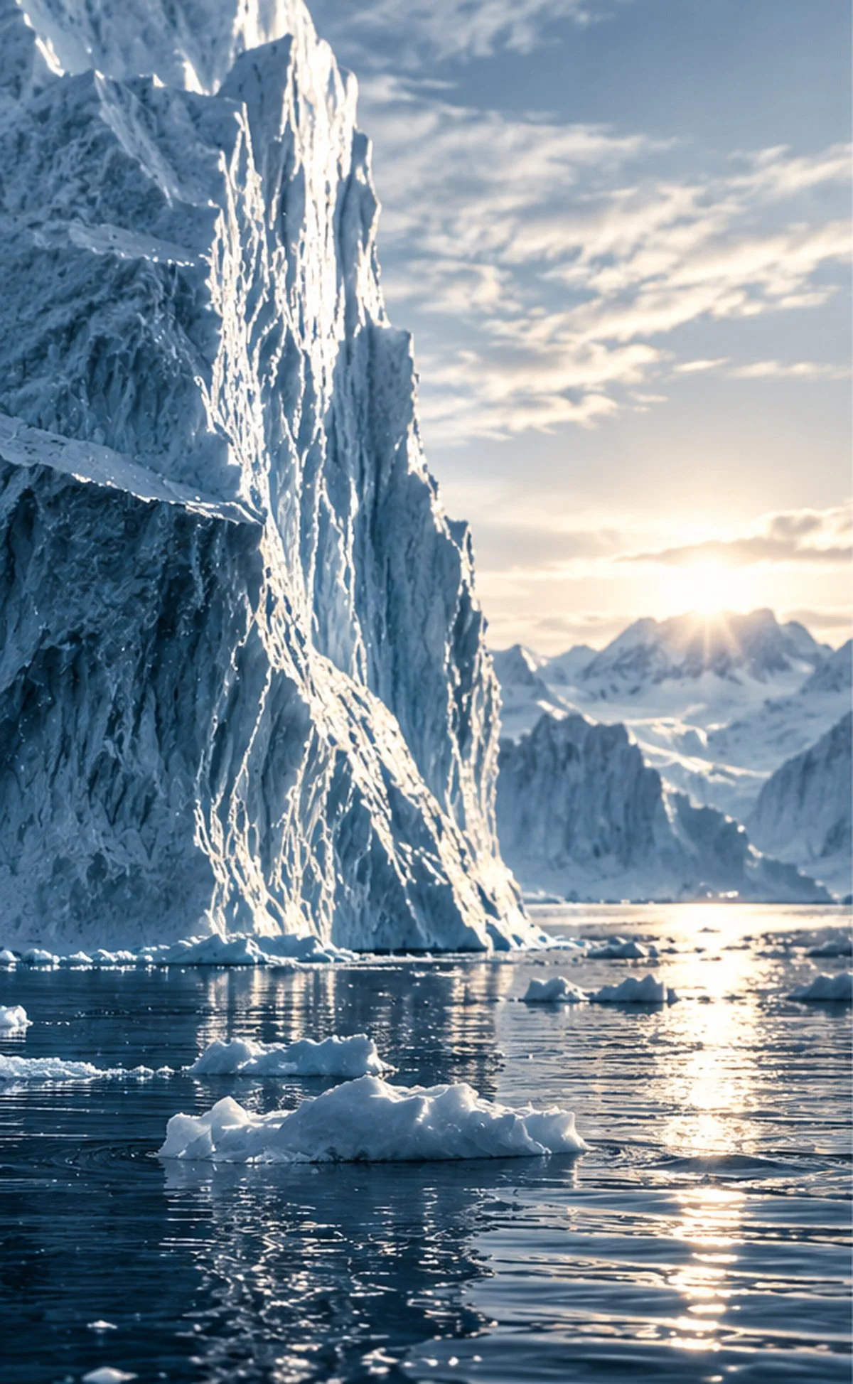 An icy glacier with jagged edges rises from the ocean, reflecting the sunlight, with snow-covered mountains in the background under a partly cloudy sky.