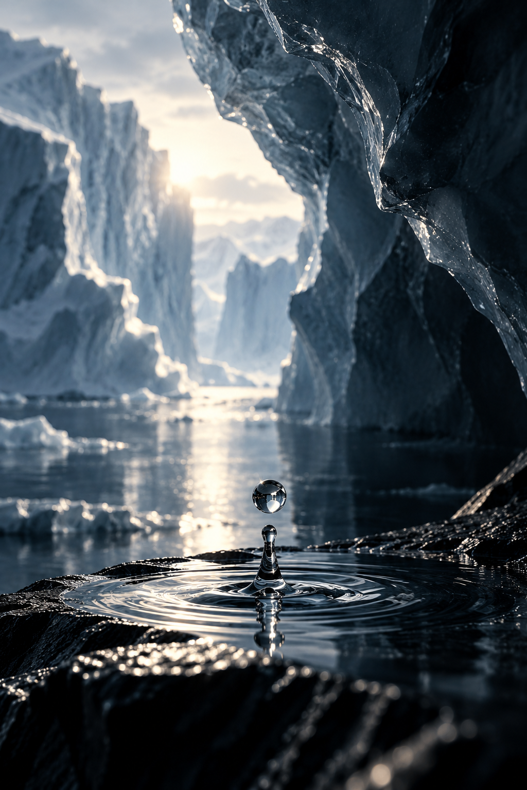 A droplet of water falling into a body of water with ice formations and glaciers in the background, illuminated by sunlight.