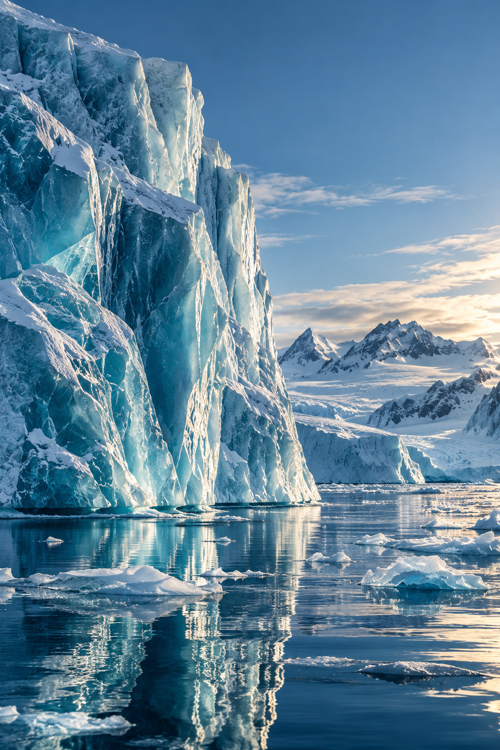 A large glacier with jagged ice formations extends into the ocean, with ice floating on the water's surface and snow-covered mountains in the background under a partly cloudy sky at sunset.
