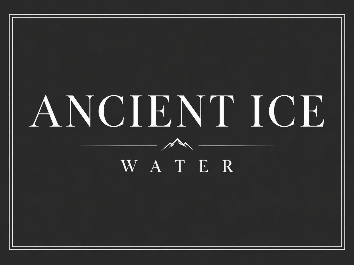 Black label with white text that reads "Ancient Ice Water" with a mountain icon between the words and a white border.