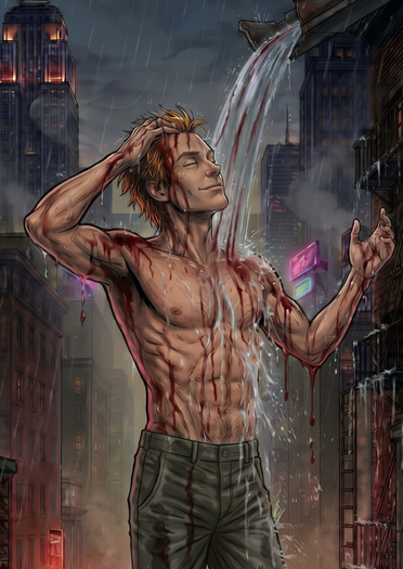 Psycho Killer cover art: a figure in a fedora and trench coat walks across a rain-soaked New York rooftop at night, beneath dripping graffiti title lettering.