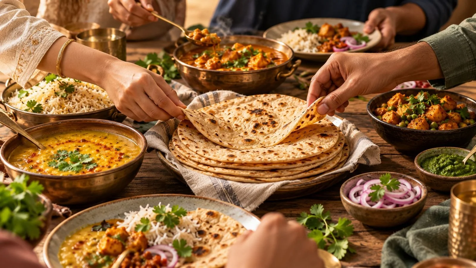 Family members reaching for warm rotis from a basket in the middle of a shared table