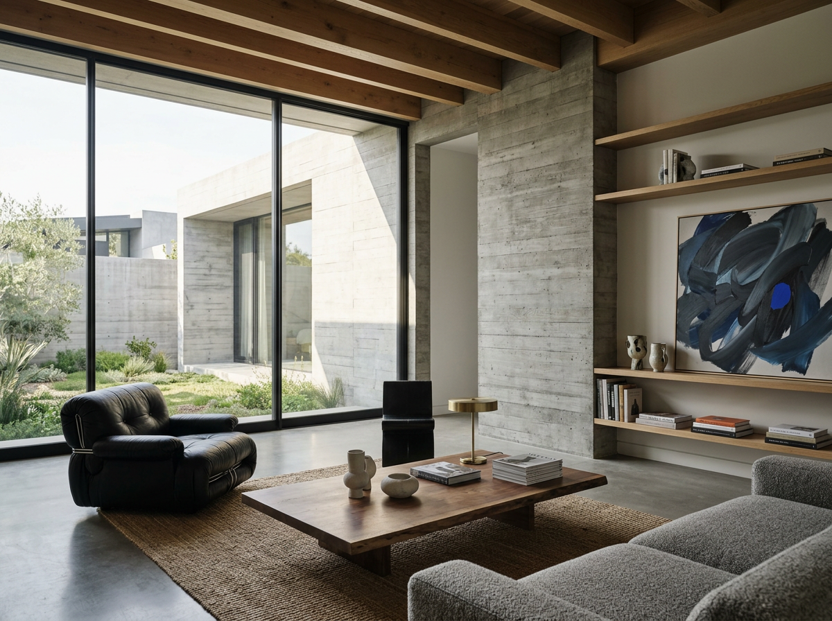 Modern living room with large floor-to-ceiling windows, concrete walls, wooden ceiling beams, a black leather armchair, a gray sofa, a wooden coffee table with decorative objects, and built-in wall shelves with books and artwork.