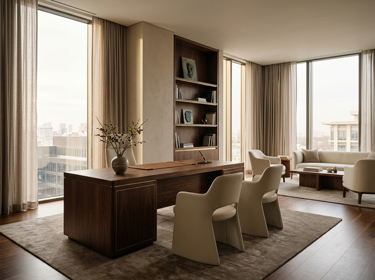 Modern office with large windows, wooden desk, white chairs, bookshelf, beige curtains, and lounge area with sofa and armchairs.
