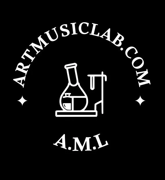 White Art Music Lab logo featuring laboratory glassware and the initials A.M.L. on a black background