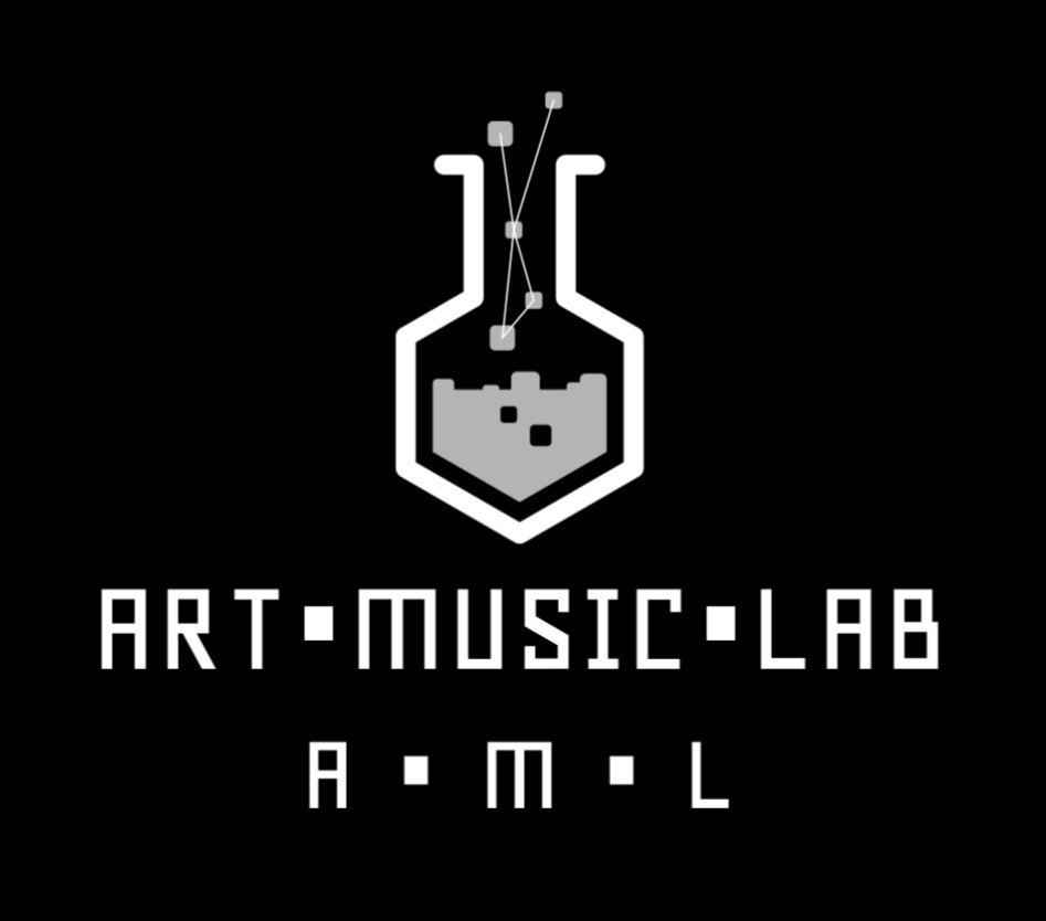 Art-Music-Lab logo featuring a stylized laboratory flask and the text “ART-MUSIC-LAB” and “A-M-L” on a black background.