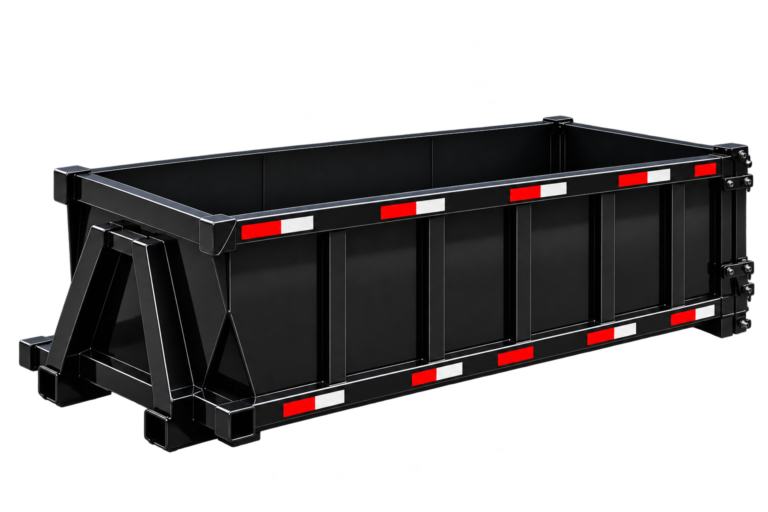 A black dump trailer with red and white reflective safety stripes on its sides and rear, set against a black background.