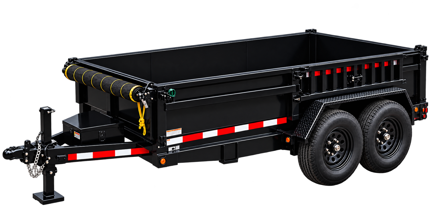 Black utility trailer with two wheels, safety chains, and reflective red and white tape