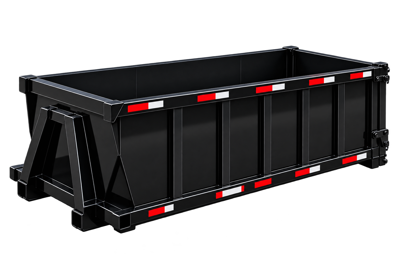Black cargo trailer with red and white reflective tape on sides and rear, isolated on black background.