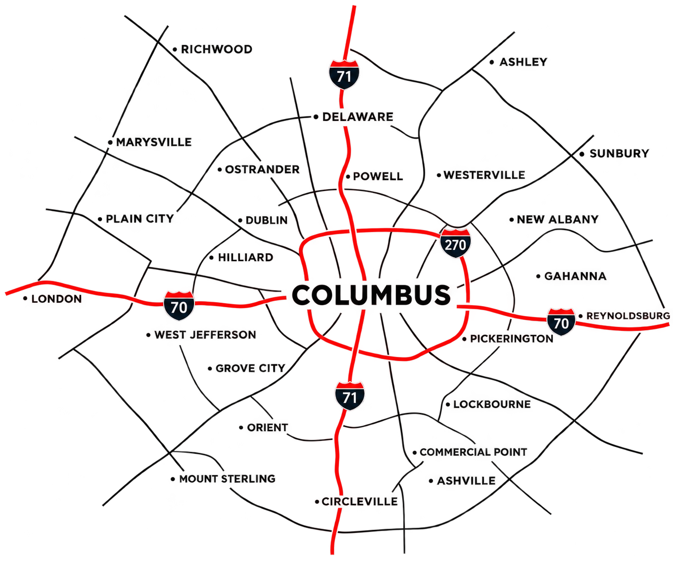 Map of Columbus, Ohio, displaying major highways including Interstates 70, 71, and 270, with city neighborhoods labeled around the downtown area.