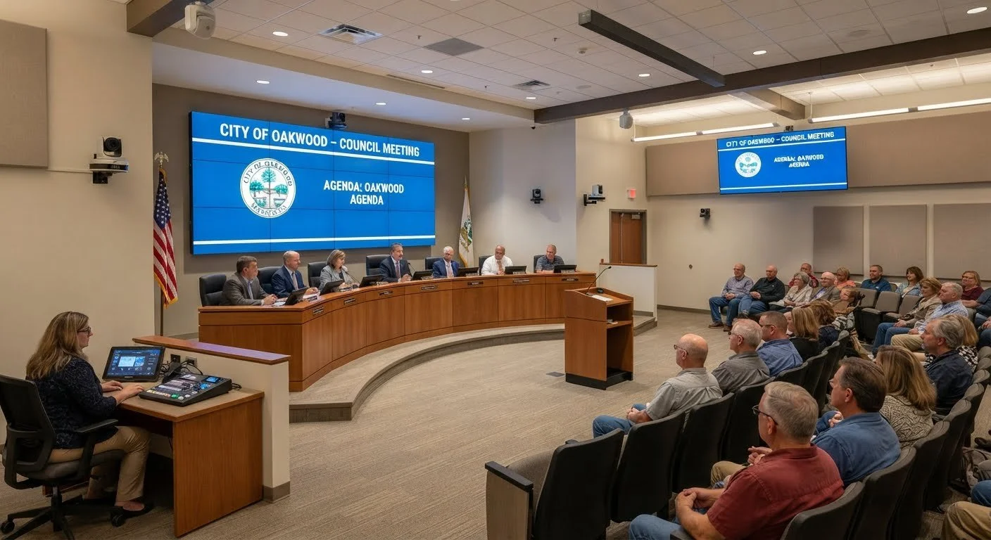 Council meeting with officials seated at a curved panel and an audience in attendance, featuring large digital screens displaying meeting information.