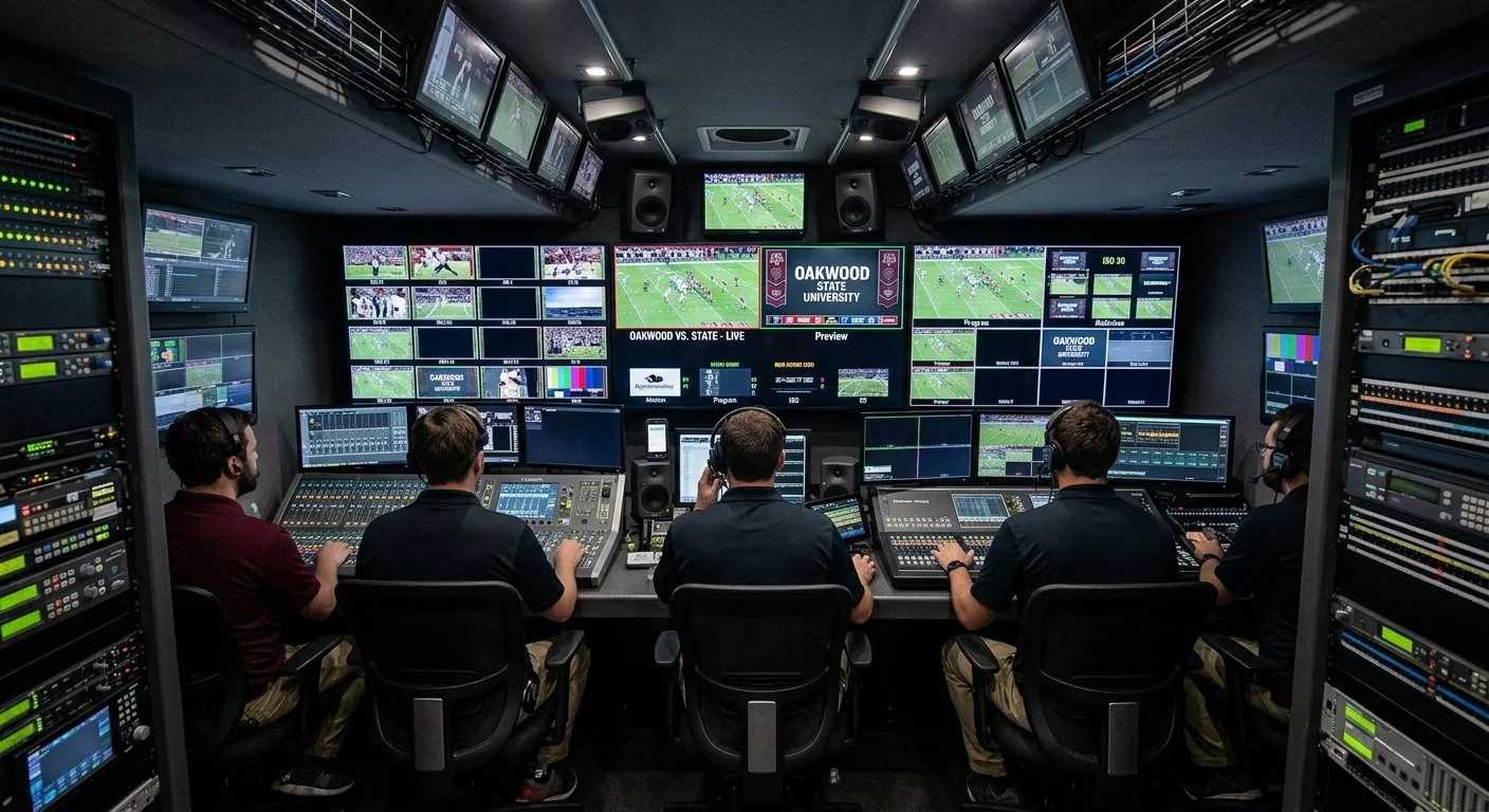 Broadcast control room with five people working at mixing consoles and multiple monitors displaying sports footage.