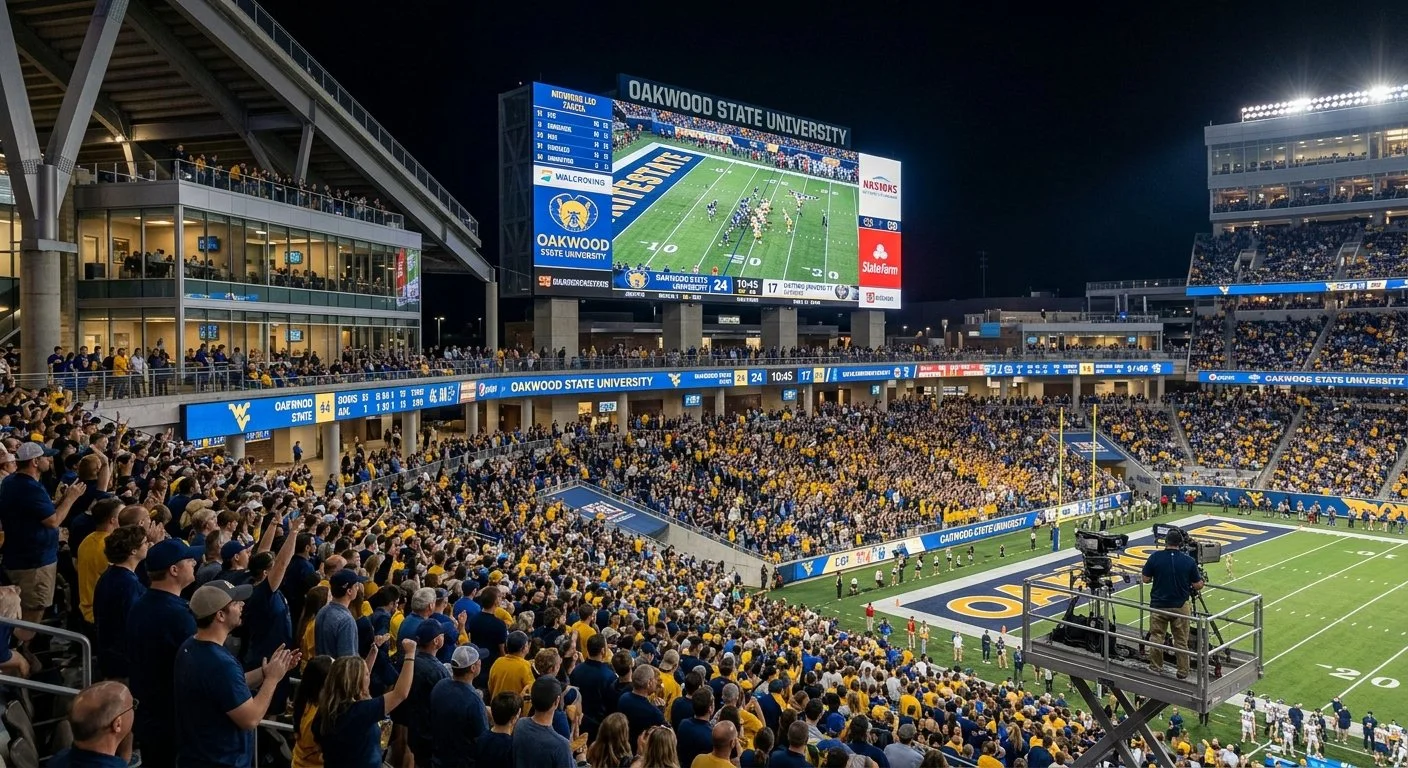 Crowd of football fans in a stadium watching a game with a large digital scoreboard and camera platform.
