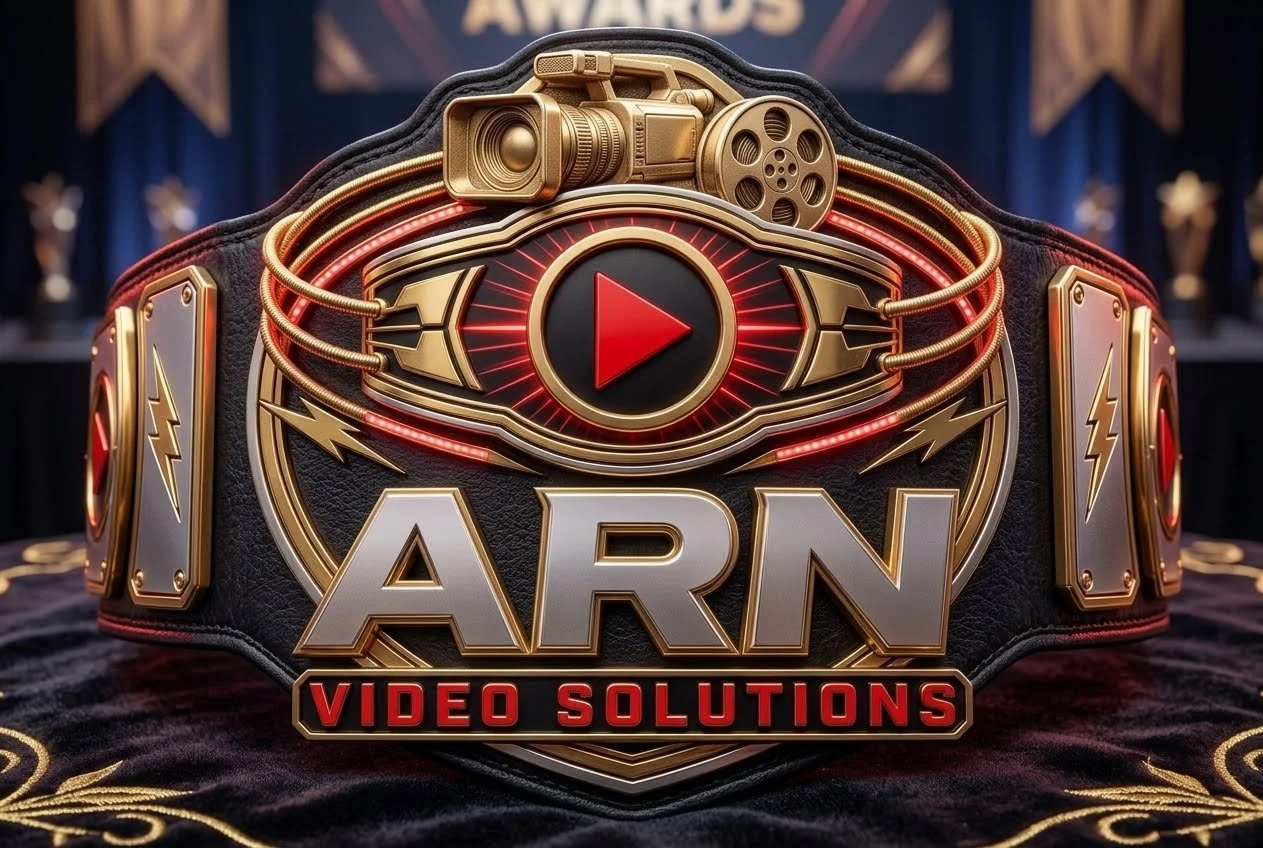 A championship-style belt with gold and silver detailing, featuring a red play button in the center and the text 'ARN Video Solutions' at the bottom. The background shows a trophy-filled stage.