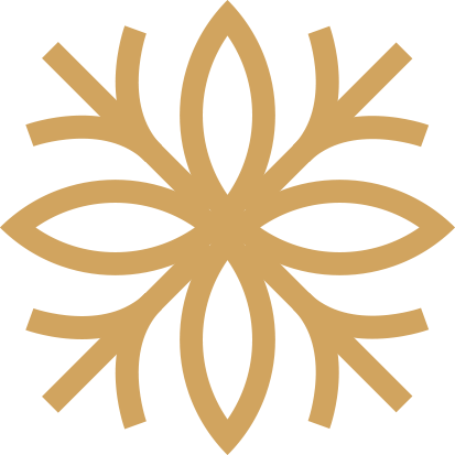 Stylized gold snowflake on black background.