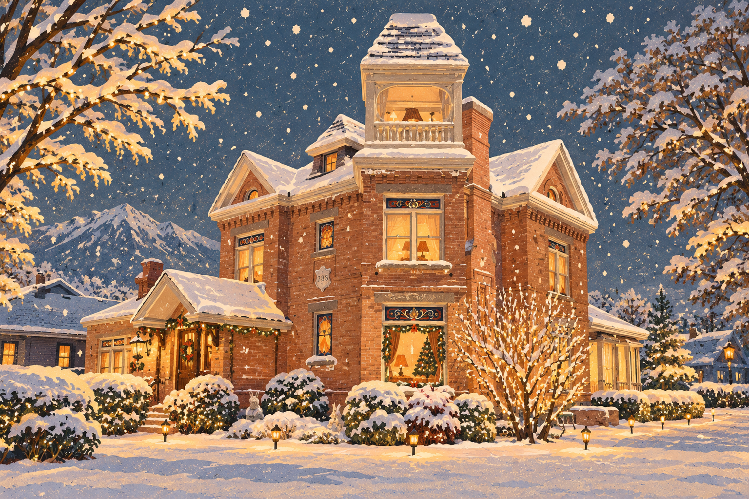 A snowy Christmas scene featuring a large red brick house decorated with holiday lights and a Christmas tree visible through a window, surrounded by snow-covered bushes and trees, with snow falling and mountains in the background.