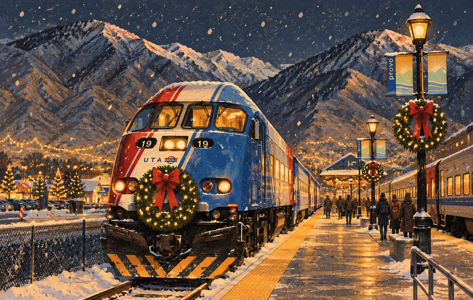 A train decorated with Christmas wreaths and bows at a snowy mountain train station during evening or dusk, with holiday lights, and people walking on the platform.