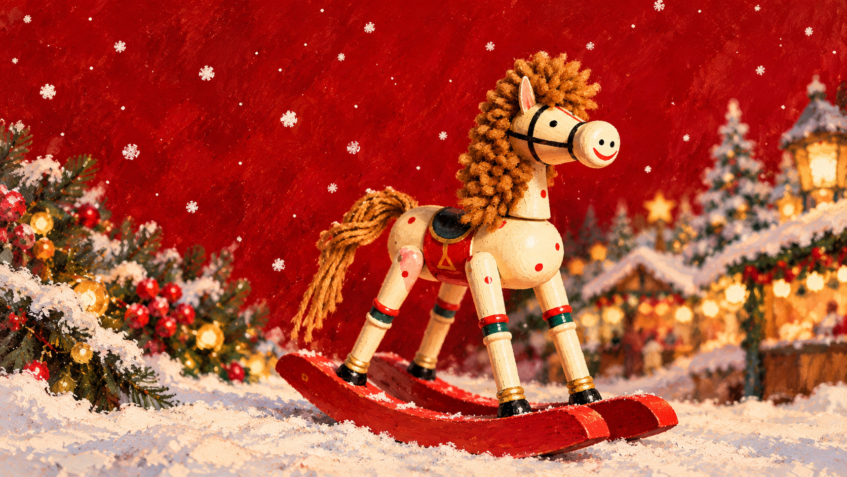 A decorative wooden rocking horse with a smiling face, set in a festive Christmas scene with snow, holiday trees decorated with red berries and lights, and a red background with falling snowflakes.