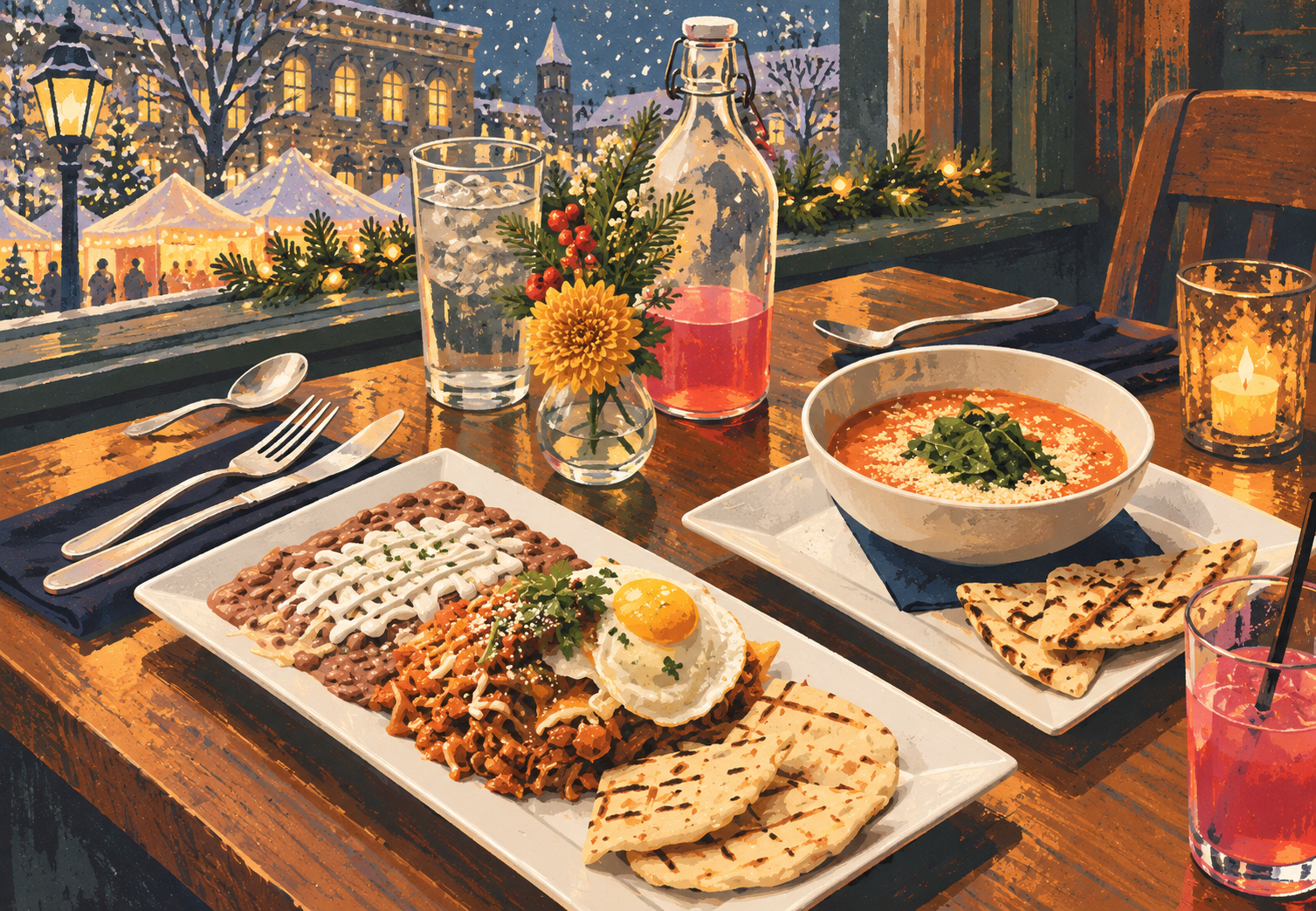 A cozy winter dinner setup with festive decorations, including a bowl of soup, a plate of Mexican food with a sunny-side-up egg, grilled flatbread, a glass of iced beverage, a bottle of pink drink, a small vase with a yellow flower and greenery, and a lit candle on a wooden table overlooking a snowy outdoor scene with holiday lights and tents.