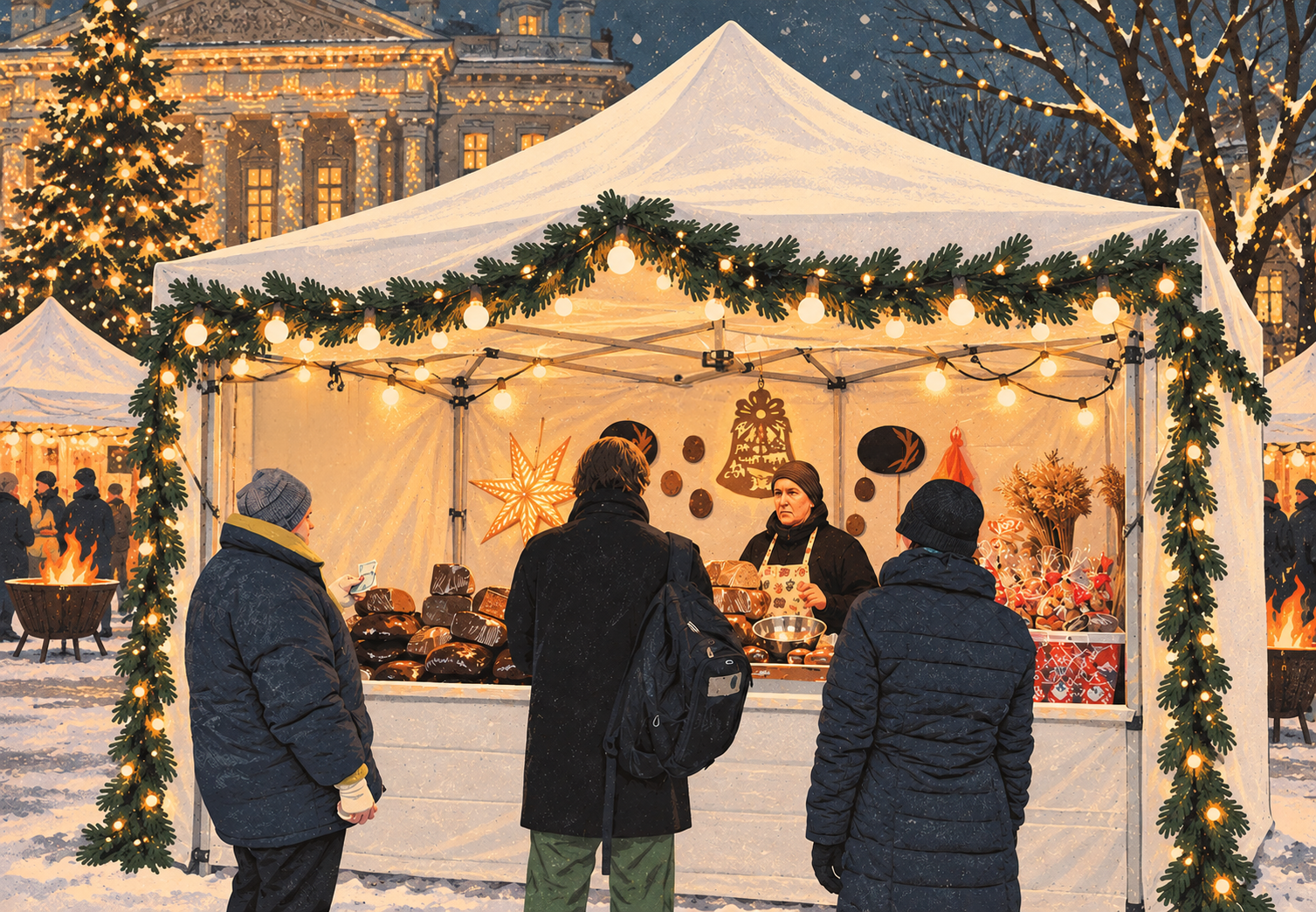 People at an outdoor Christmas market stall in winter, surrounded by snow, decorated with green garland and string lights, with a large illuminated star and festive ornaments inside the stall.