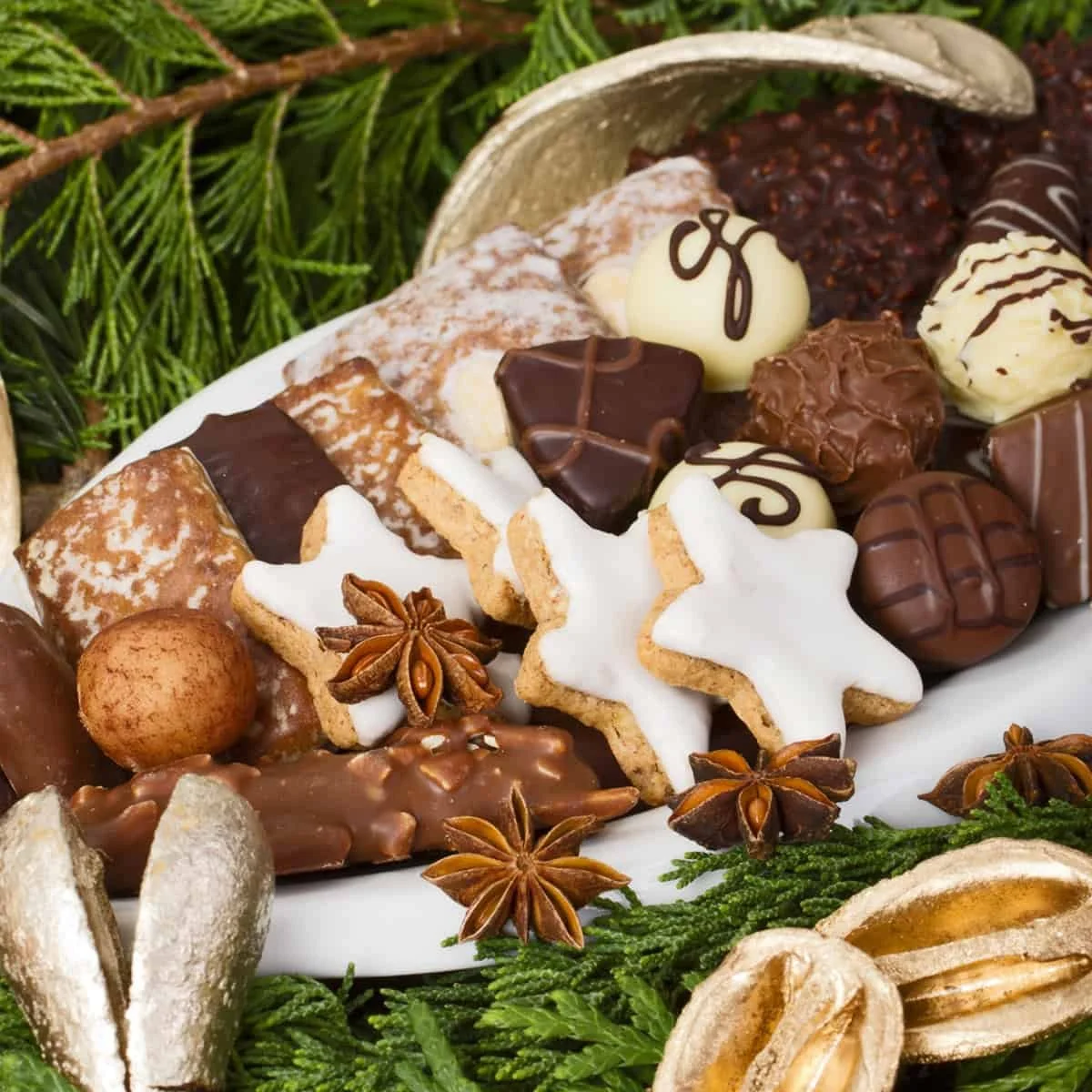 Assorted Christmas cookies with icing and chocolate, surrounded by green pine branches.