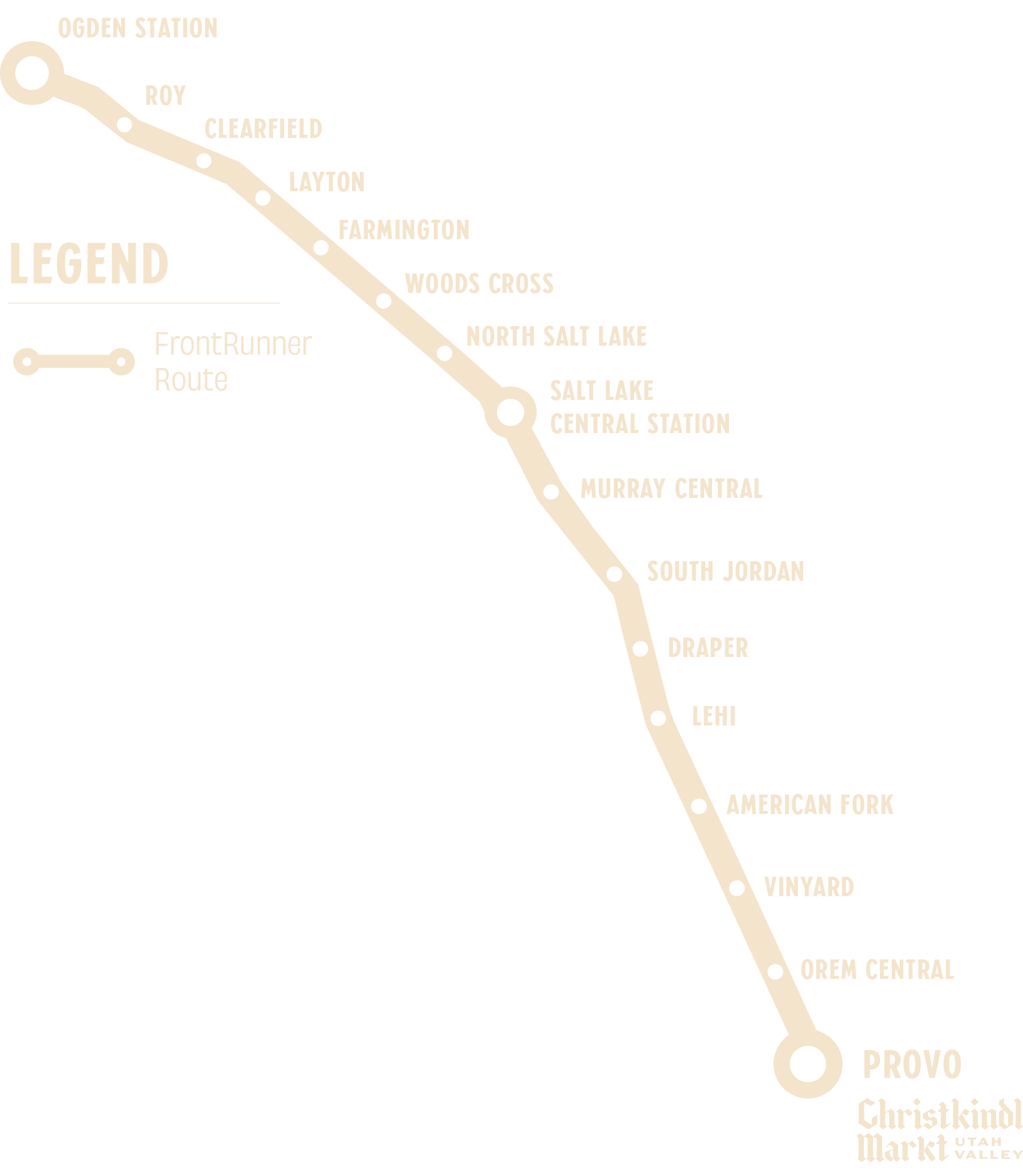 Map of a rail route in Utah with station names from Provo to Ogden, including stops in American Fork, Lehi, Vineyard, Orem Central, Provo, Utah Valley, Christkindl Market, Park City, and Ogden Station.
