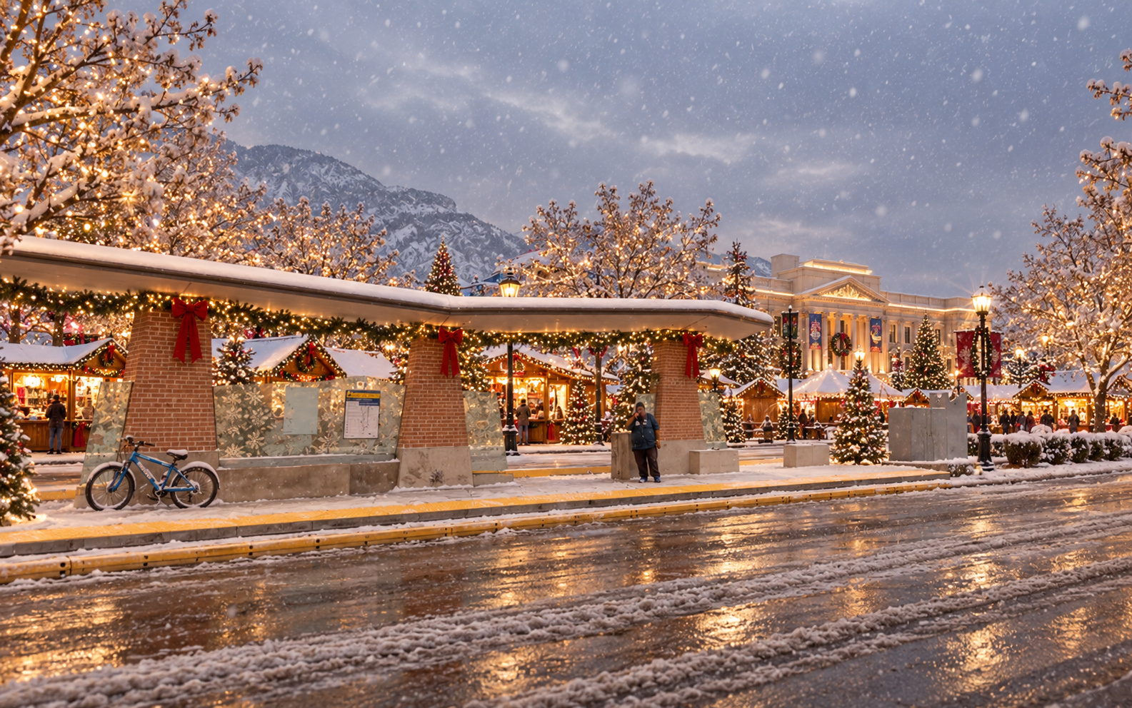 A festive Christmas market scene in a snowy town square at dusk, decorated with Christmas trees, string lights, and holiday decorations, with a large building illuminated in the background and snow falling on the street.