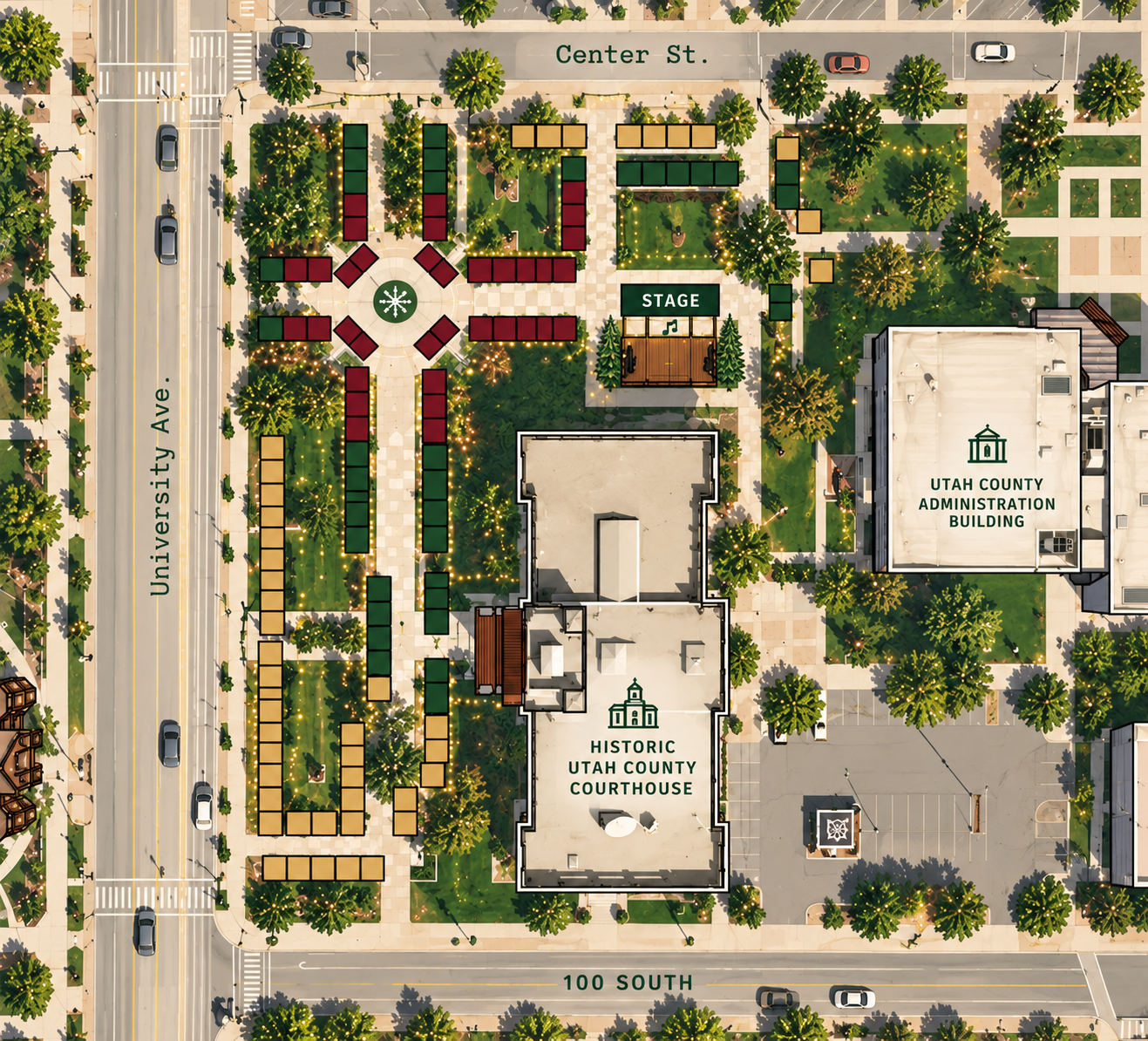 Aerial view of a public event space with trees, string lights, and seating areas around a stage, set on a city block with streets labeled Center Street, University Avenue, and 100 South, featuring Utah County government buildings, including the Utah County Administration Building and Historic Utah County Courthouse.