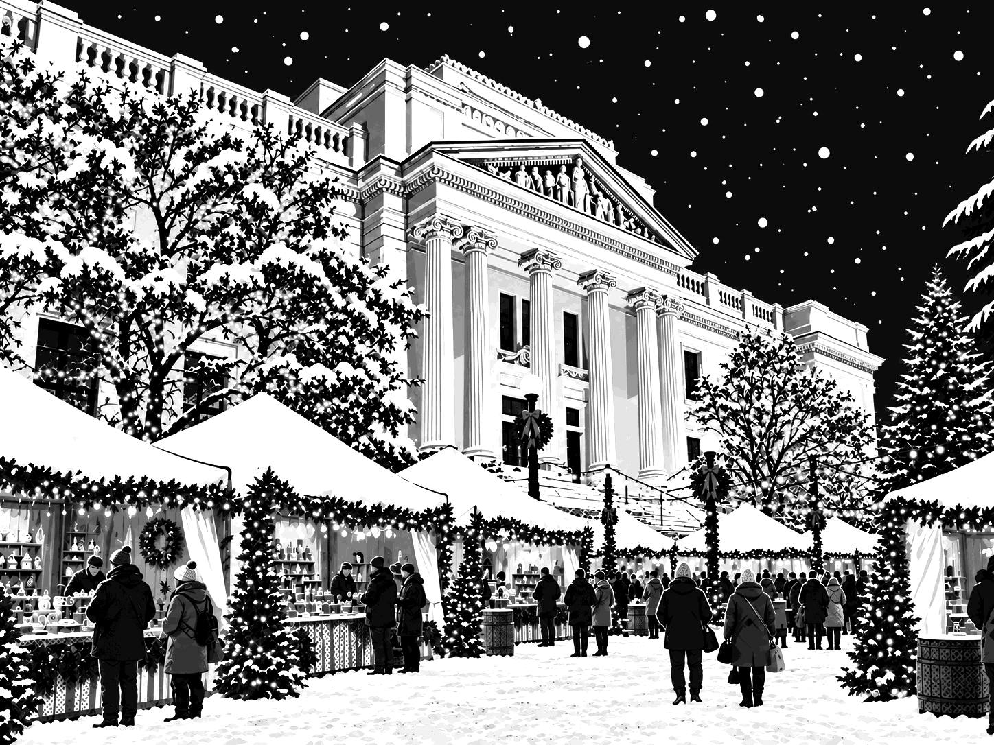 A festive outdoor holiday market in front of a large, classical-style building with columns, decorated with Christmas lights, trees, and snow, with people browsing stalls and enjoying the winter night.