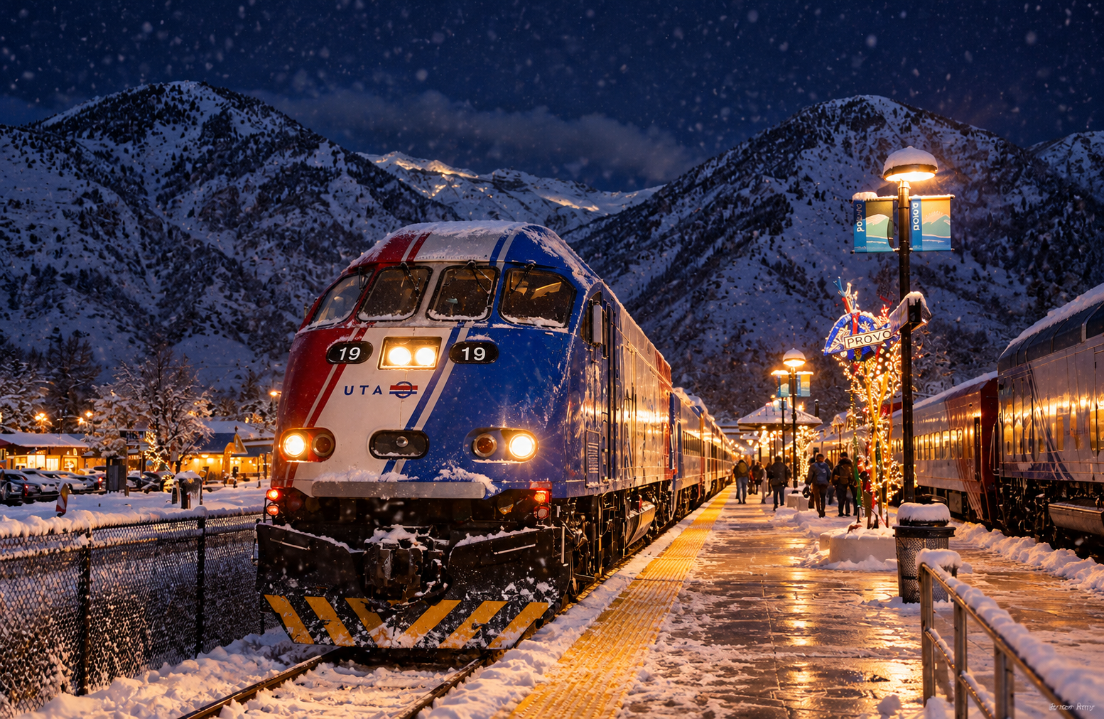 A train at a snow-covered train station during evening with snow falling, surrounded by mountains, illuminated by street lamps, and holiday decorations.