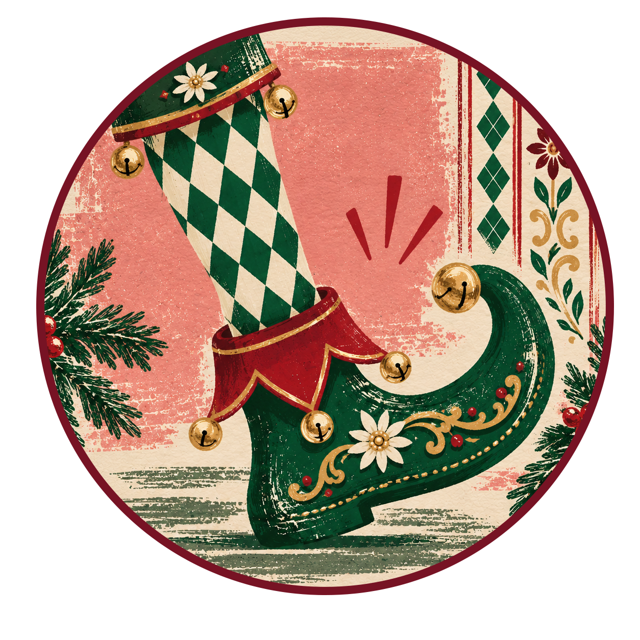 A Christmas-themed illustration featuring a decorative elf or gnome shoe with a green curl, red and green hat with a diamond pattern, gold jingle bells, and festive floral and foliage accents on a pink and cream background.
