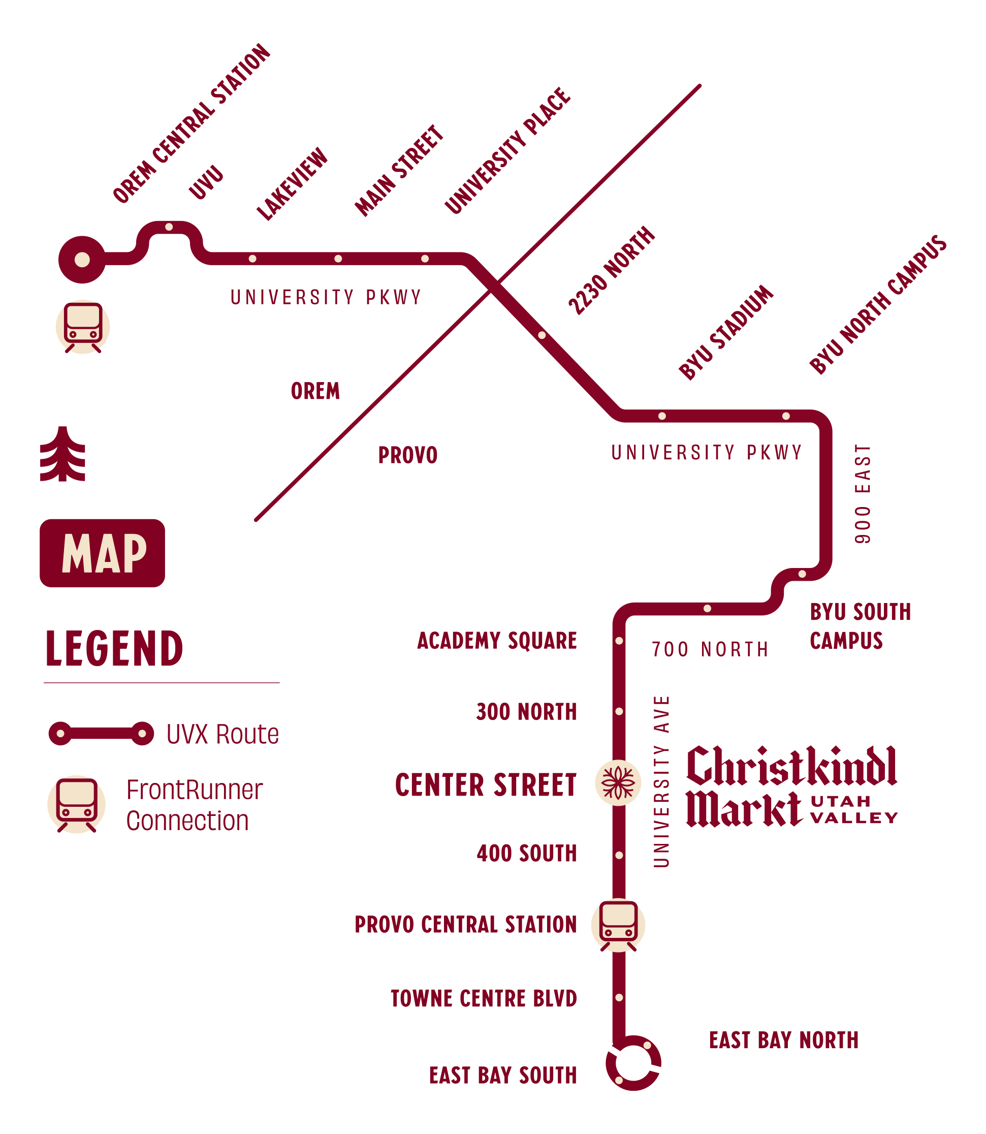 Map of the Utah Valley Transit system with routes and stations marked in maroon and beige on a black background.