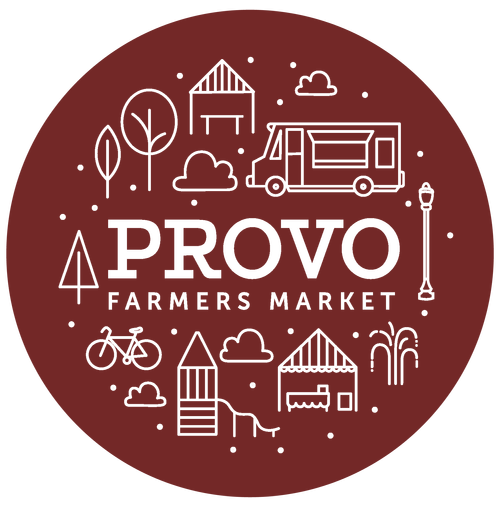 Logo for Provo Farmers Market with illustrations of trees, clouds, market stalls, a bicycle, a street lamp, and a water fountain inside a circular design.