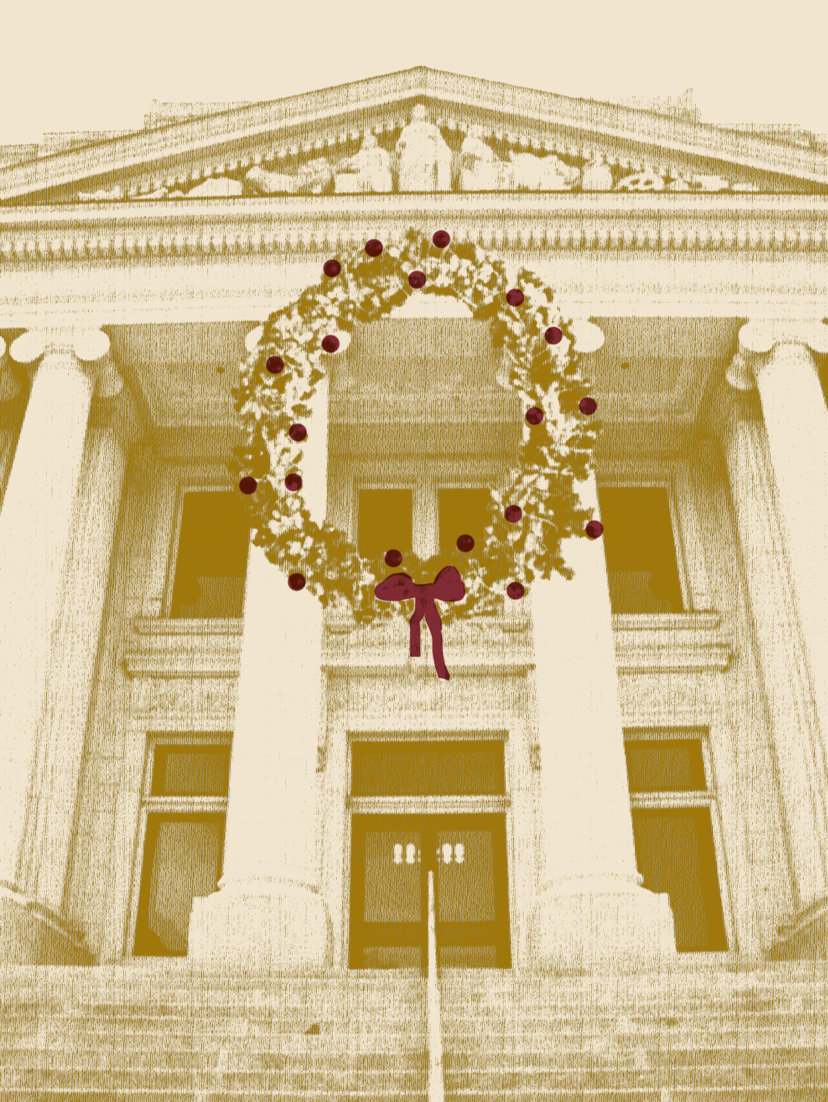 A building decorated for Christmas with a wreath featuring red ornaments and a purple ribbon, hanging above the main entrance.