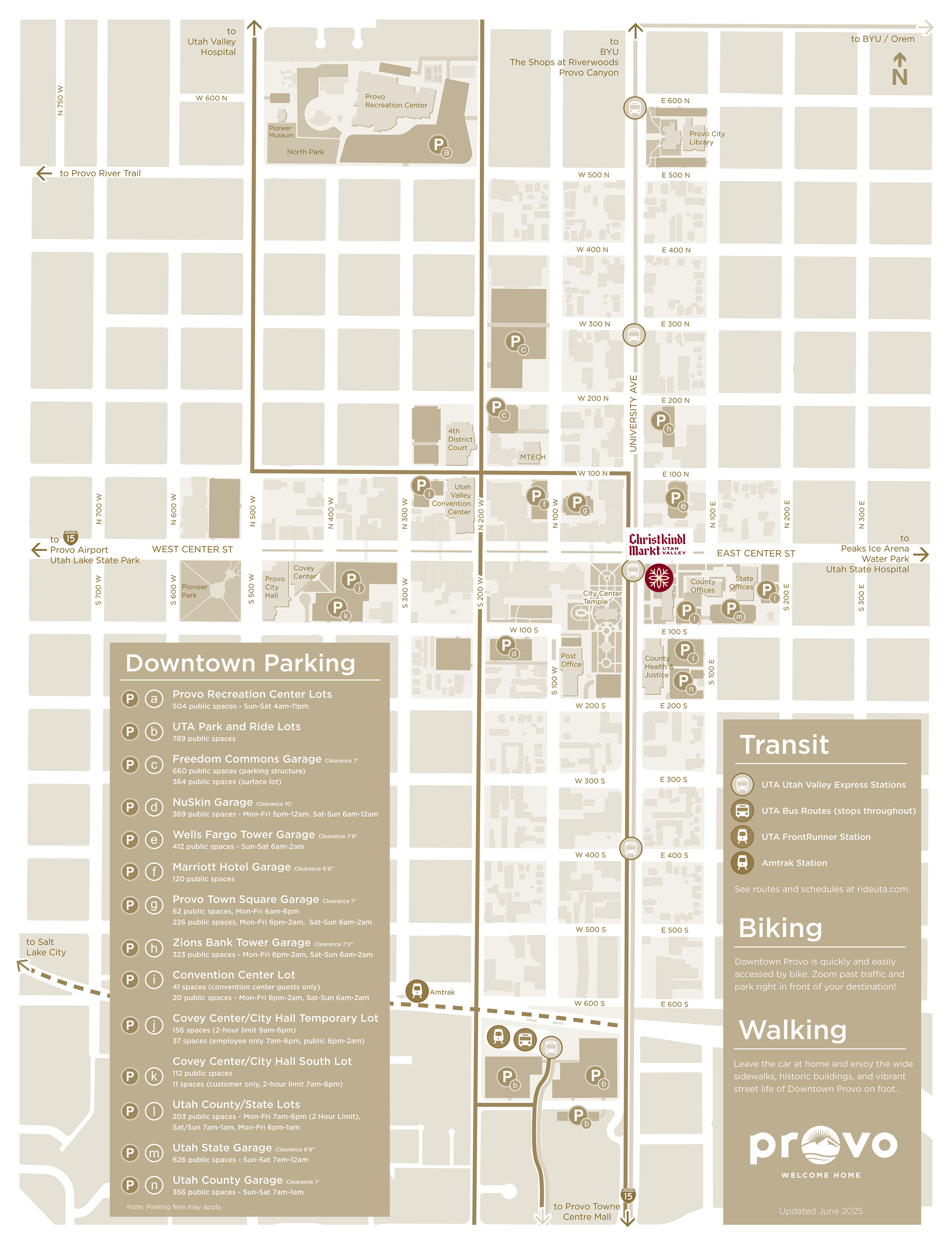 An extensive map of downtown Provo, Utah, showing streets, public parking lots, transit options, landmarks including Provo Recreation Center, Utah Valley Hospital, and several garages, with directions to various locations and notes about parking fees and restrictions.