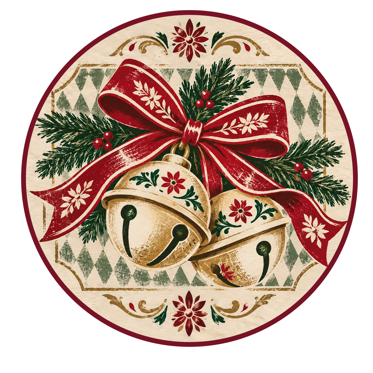 Vintage Christmas ornament design featuring festive bells, pine branches, red berries, and a large red ribbon with white floral patterns.