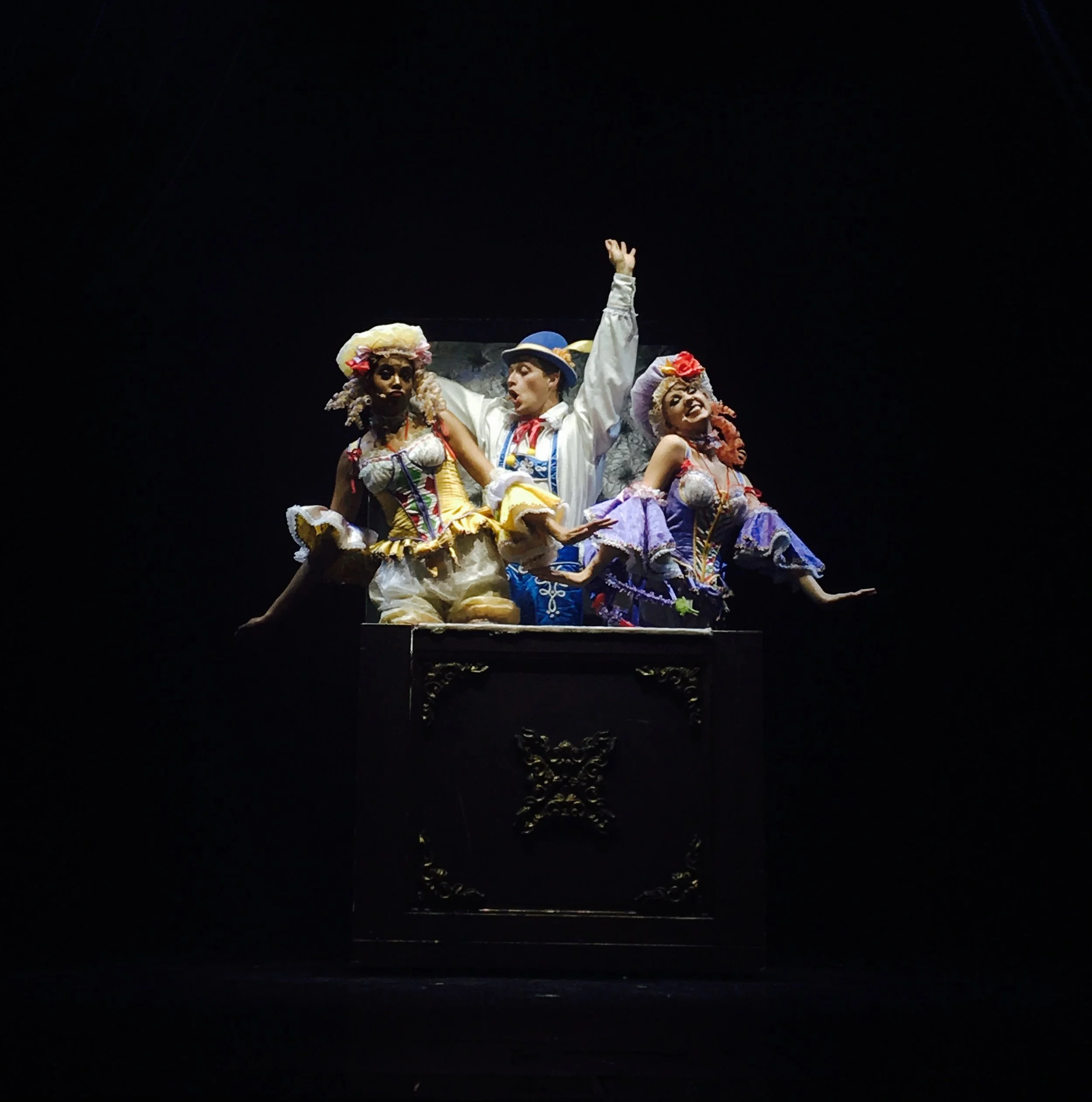 Colorfully costumed theater performers posing on a raised platform against a black stage backdrop