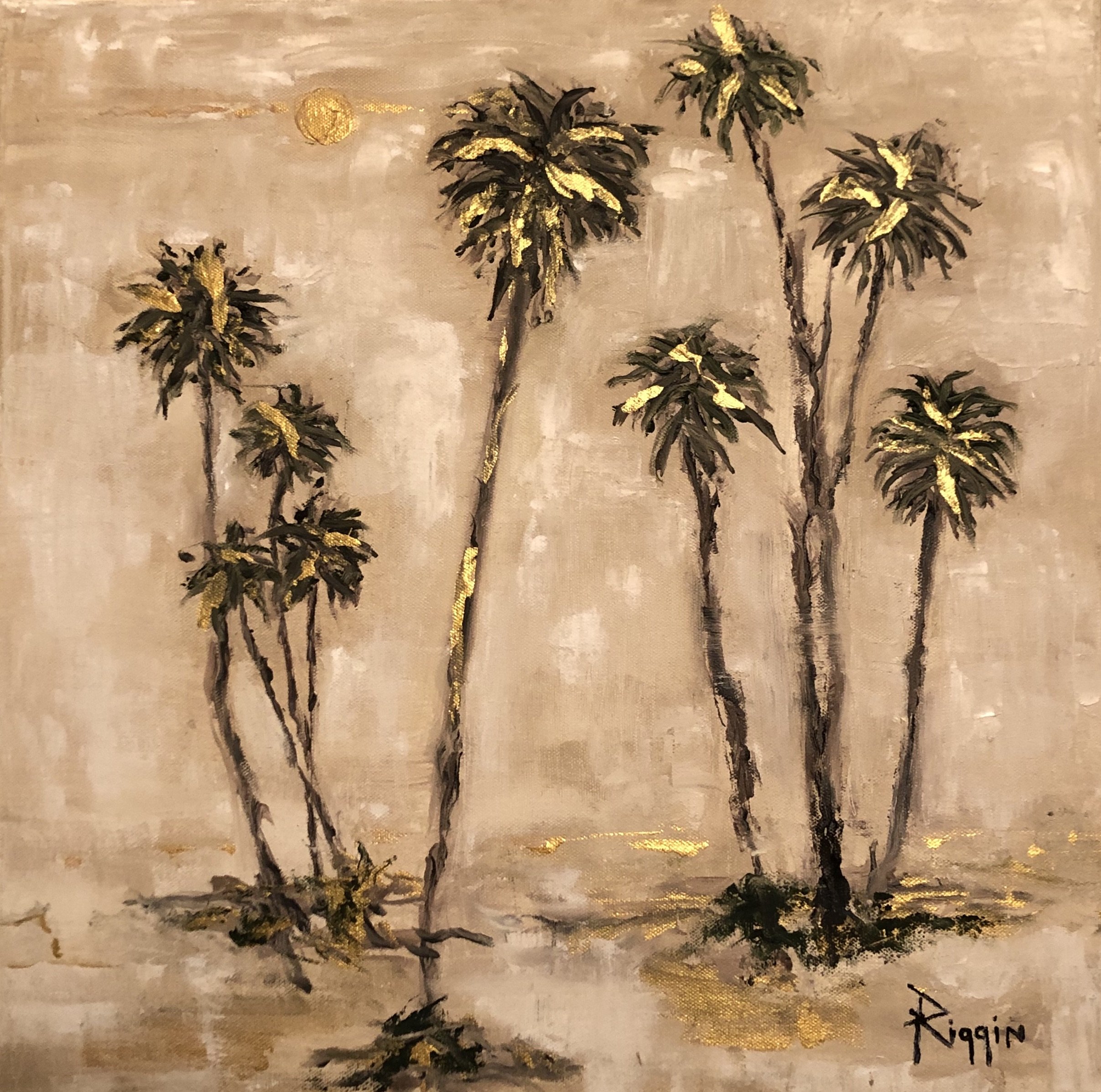 "Nomads" Oil on canvas 18in x 18in. The clusters of palm trees make me envision nomads marching through the desert under a scorching sun in search of water.e