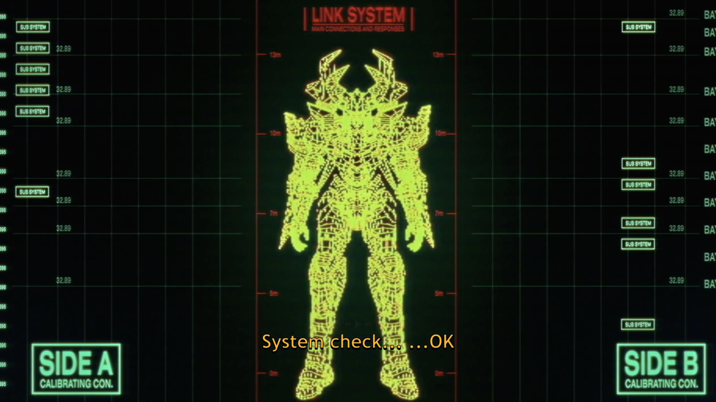 A digital display showing a yellow humanoid figure made of lines and dots in the center. The display has labels such as 'LINK SYSTEM,' 'SUB SYSTEM,' and 'SIDE A,' 'SIDE B,' with grid lines and measurement indicators. The text at the bottom says 'System check...OK'.