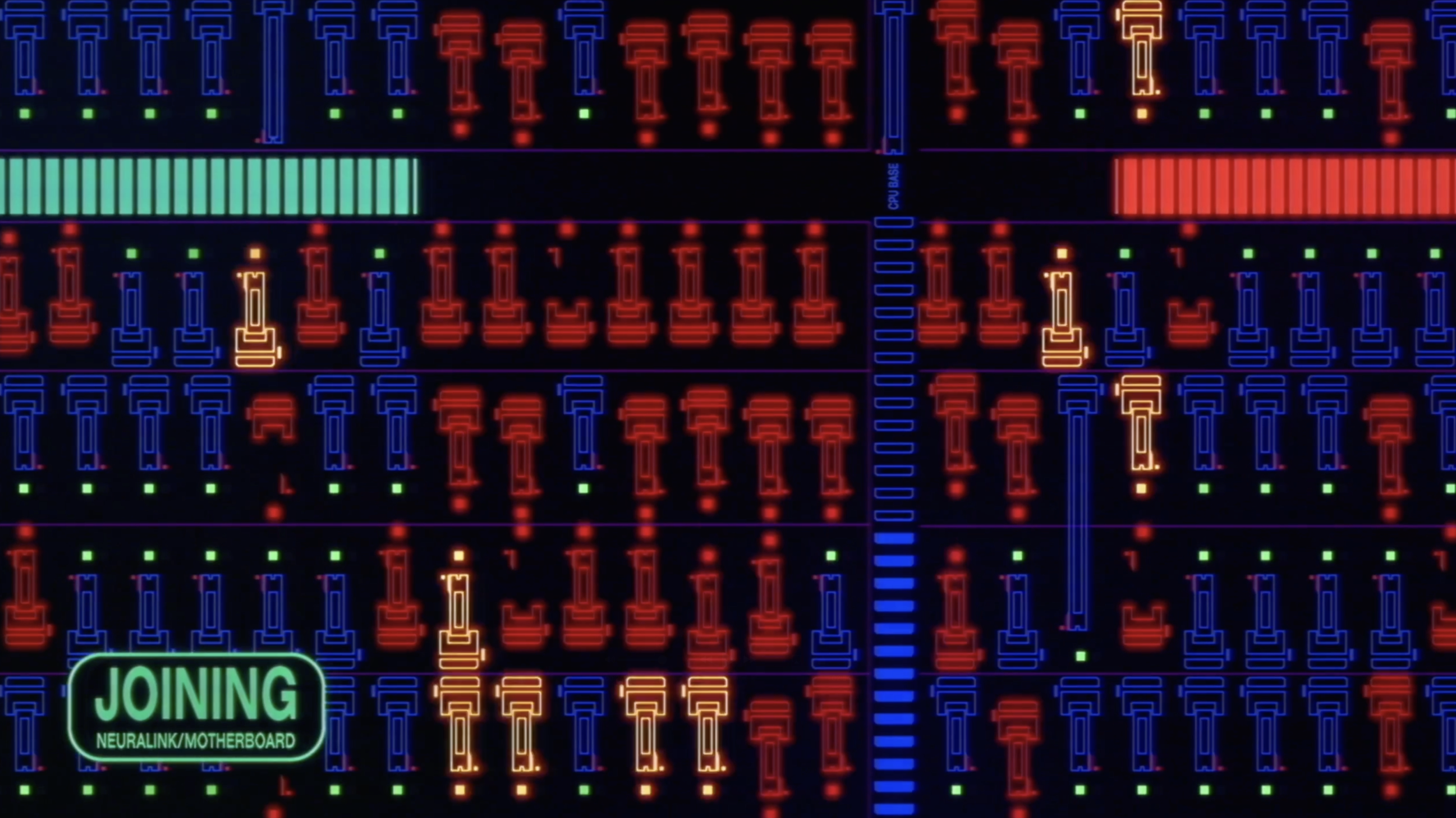 Colorful digital neon display resembling a circuit board or electronic interface with text 'JOINING NEURALINK/MOTHERBOARD' at the bottom left.