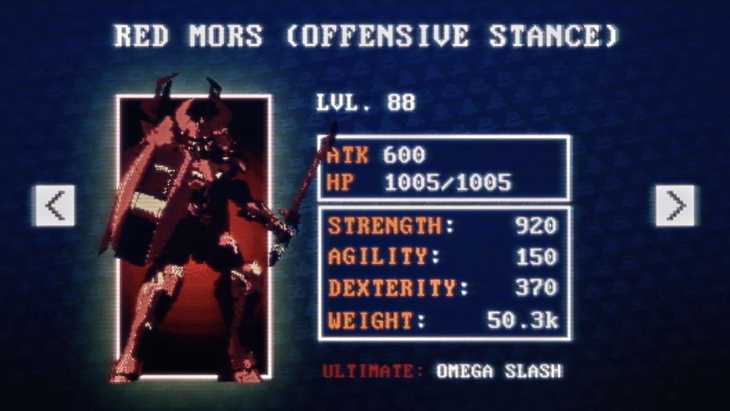Video game character screen showing a pixelated red demon warrior with horns and armor, titled 'Red Mors (Offensive Stance)'. The character's level is 88, with stats including attack 600, HP 1005/1005, strength 920, agility 150, dexterity 370, weight 50.3k. Arrows on sides suggest navigational buttons.